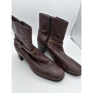 Clarks Boots Womens Size 10 Brown Leather Ankle Booties Strap Zip Block Heel